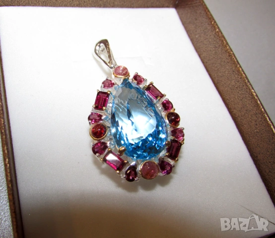 925 сребърно колие с 22 каратов син топаз Swiss Blue, снимка 2 - Колиета, медальони, синджири - 53782226
