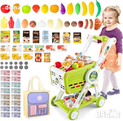 deAO Пазарска количка с храна и аксесоари, комплект за игра за деца, за ролеви игри, зелено