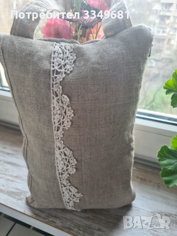Ленена чанта (плик) с ръчна бродерия и дантели , снимка 2 - Чанти - 54174710
