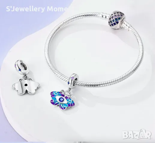 Сребърен талисман 925  Pandora Butterfly Evil Eye, снимка 2 - Гривни - 46857578