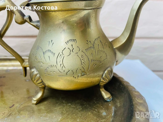 Красив месингов комплект от Англия - 5 части, за кафе / чай , снимка 5 - Антикварни и старинни предмети - 53742554