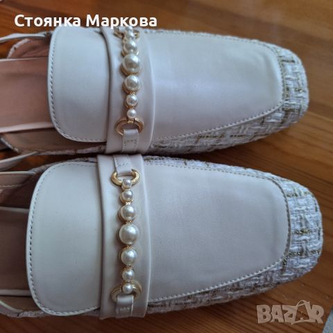 Нови обувки с кожа,плат и перли, снимка 2 - Дамски ежедневни обувки - 45993293