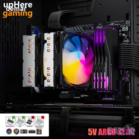 upHere gaming ARGB високоефективен въздушен охладител за процесор, двоен 120 mm PWM вентилатор, снимка 6 - Други - 45510307