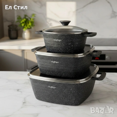 Комплект тенджери – Cheffinger от 3 части с мраморно покритие и капаци + подарък 2 ръкавици, снимка 3 - Съдове за готвене - 53573974