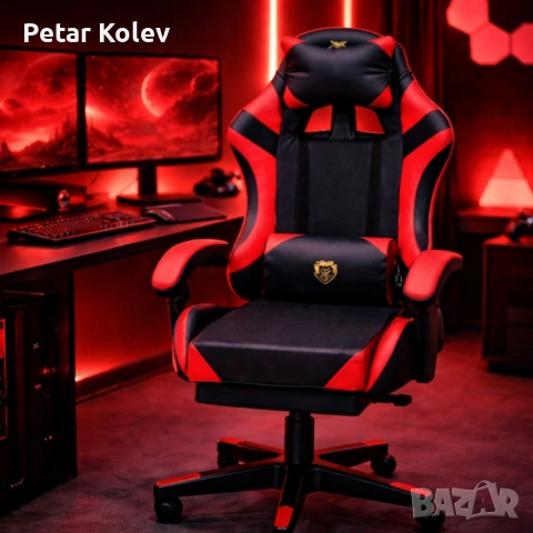 Удобен геймърски стол с поставка за крака и масажна лумбална възглавница, Черно-червен, снимка 2 - Дивани и мека мебел - 53460835