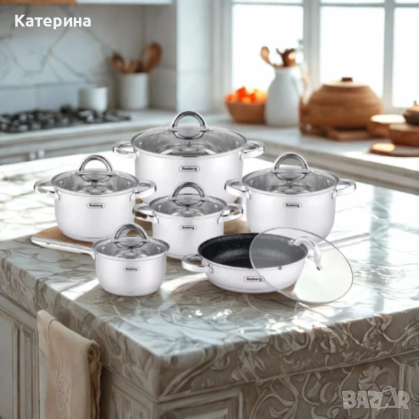 Комплект тенджери Rosberg, Неръждаема стомана, 6 части, Индукция, снимка 1