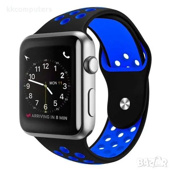 Силиконова каишка на дупки bSmart за часовник Apple iWatch 38/40/41mm, Черна/Синя, снимка 1