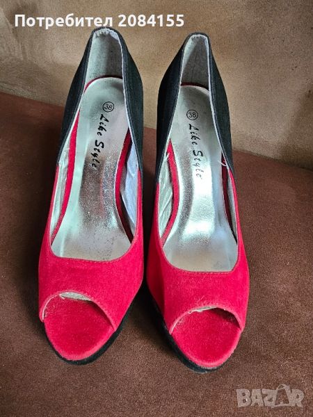 Обувки,червено и черно на висок ток , снимка 1