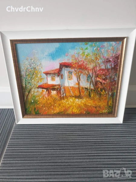 Димитър Генев 33x27см/малка българска картина масло върху платно/стара селска къща, снимка 1