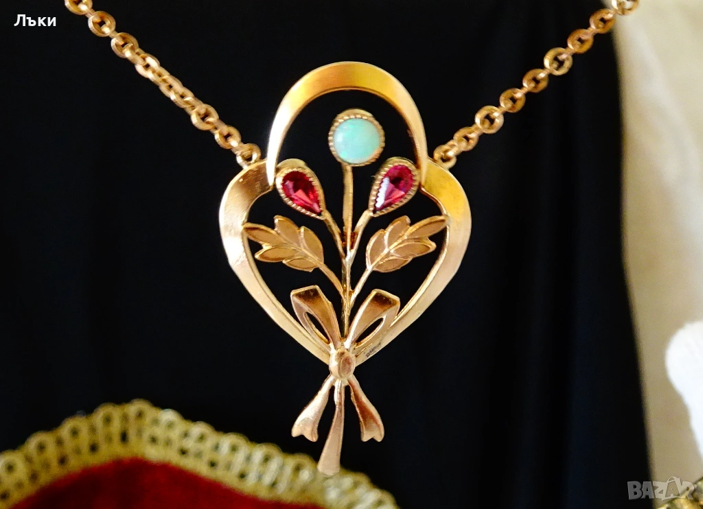 Колие с огнен опал,рубини,14 K позлата,дубле. , снимка 1