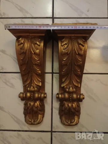 Комплект два позлатени,резбовани корбела,скоби за стенен рафт, за корниз за перде. , снимка 6 - Други - 49752728