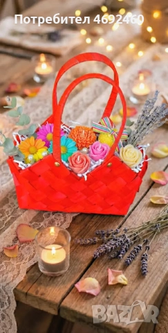 Подаръчна кошница с ръчно изработени свещи "Пролетни цветя"