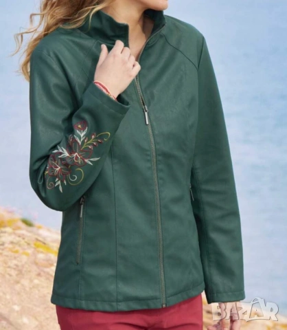 Макси зелено кожено яке с бродерия на ръкава , снимка 2 - Якета - 54003918