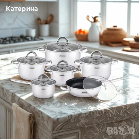 Комплект тенджери Rosberg, Неръждаема стомана, 6 части, Индукция, снимка 1