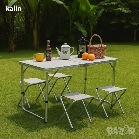Комплект сгъваема алуминиева маса с 4 стола – идеален за къмпинг, двор и почивка