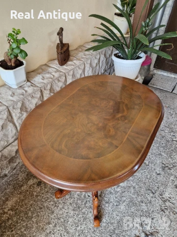 Страхотна антикварна английска дървена масичка с интарзия , снимка 6 - Антикварни и старинни предмети - 51179143