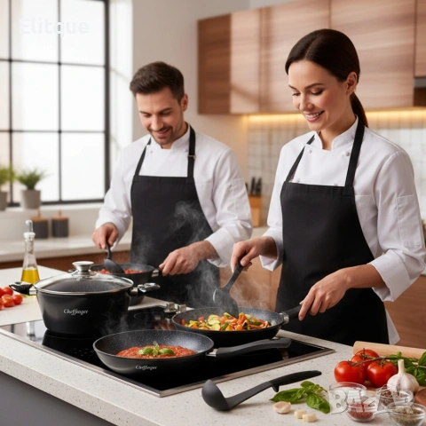 Комплект съдове за готвене 6 части Cheffinger – тенджера 24 см, тигани 24 и 28 см, за индукция, снимка 2 - Други - 53165817