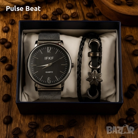 Мъжки комплект – кварцов часовник с метална верижка и стилна гривна в подаръчна кутия, снимка 7 - Мъжки - 52045217
