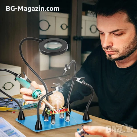 Увеличителна настолна лупа със станция за запояване LED осветление помощна трета ръка за платки, снимка 8 - Поялници и запояване - 51178862