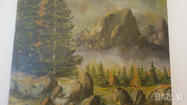Маслена картина пейзаж с дървета, скали и цветя, снимка 4 - Картини - 53020196