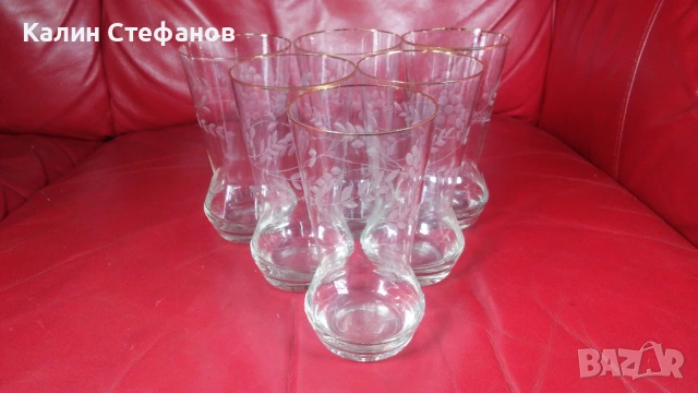 Ретро чаши за безалкохолно, ръчна гравюра, златен кант, 6 бр, снимка 3 - Чаши - 54173589