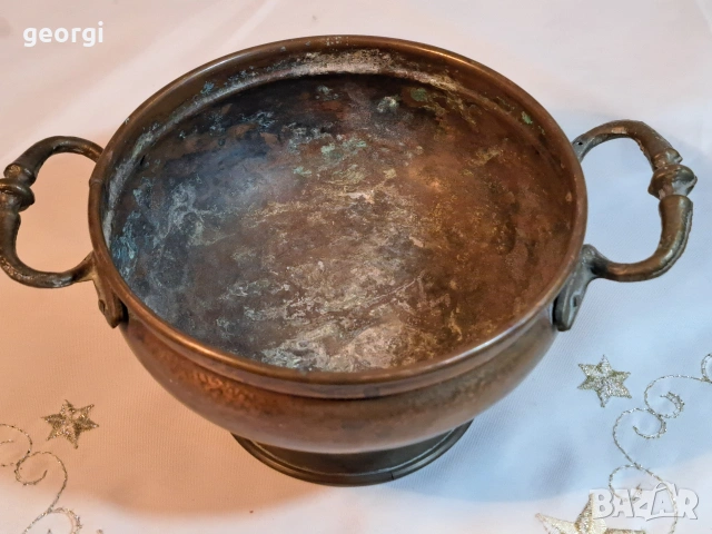 стара медна купа с бронзови дръжки 32/3, снимка 3 - Антикварни и старинни предмети - 53123697