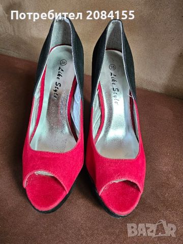 Обувки,червено и черно на висок ток , снимка 1 - Дамски обувки на ток - 45670847