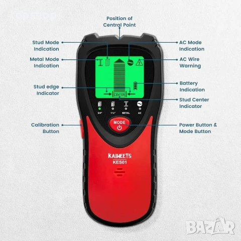 НОВ Stud Finder скенер за стена - метали, кабели, дърво KAIWEETS KES01 за гипсокартон с аларма, снимка 2 - Гедорета - 50502399