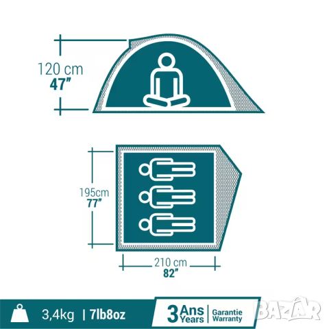 КАТО НОВИ! Комплект:QUECHUA Палатка за къмпинг mh100, 3-местна+3 бр. Спални чували, снимка 8 - Палатки - 45854189