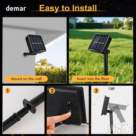 SLWOO Соларни лампи за външен монтаж - 5M 50 LED гирлянди, водоустойчиви, 2 режима, топло бяло, снимка 5 - Соларни лампи - 50951406