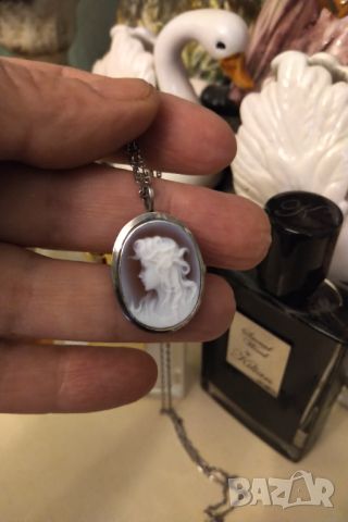 Геме Камея сребро карнеол  висулка брошка със синджир ., снимка 4 - Колиета, медальони, синджири - 45134202