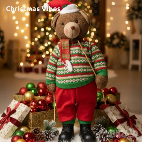 Коледно плюшено мече с пуловер и шапка – топъл акцент за празничен уют у дома, снимка 4 - Плюшени играчки - 52119287
