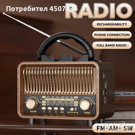 Винтидж Преносимо Безжично Радио - AM/FM/SW с USB Зареждаща се Батерия, Антена, AUX & TF Карта, снимка 8 - Други - 51171204