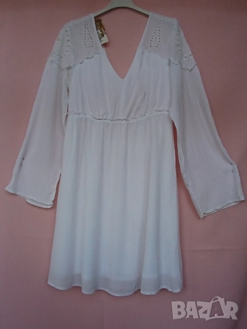 Дамска кенарена рокля с дълъг ръкав и остро деколте с бродерия., снимка 4 - Рокли - 51507220