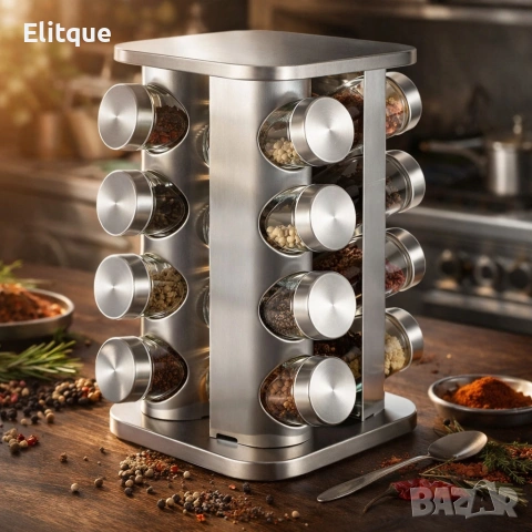 Въртящ се органайзер за подправки Cheffinger - С 16 бурканчета от неръждаема стомана, снимка 5 - Други - 53120197