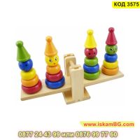 Монтесори дървена образователна играчка, Везна за баланс и сортиране с цветни фигури - КОД 3575, снимка 1 - Образователни игри - 45265678