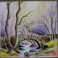 Картина акварел Пейзаж с мост, в рамка 28/28 см, отлична, снимка 3 - Картини - 45359962