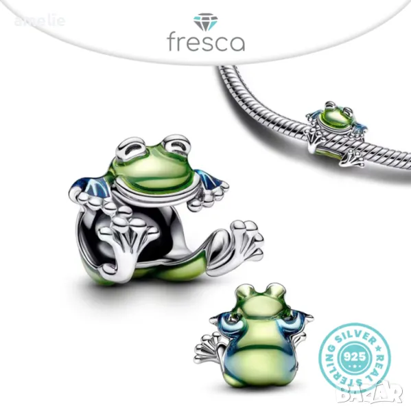 НОВА Колекция! Талисман Fresca по модел тип Пандрора сребро 925 Pandora Green Frog, снимка 1