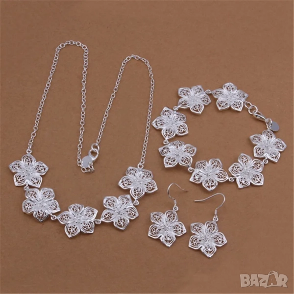Сребърна гривна, обеци и колие цветя, снимка 1