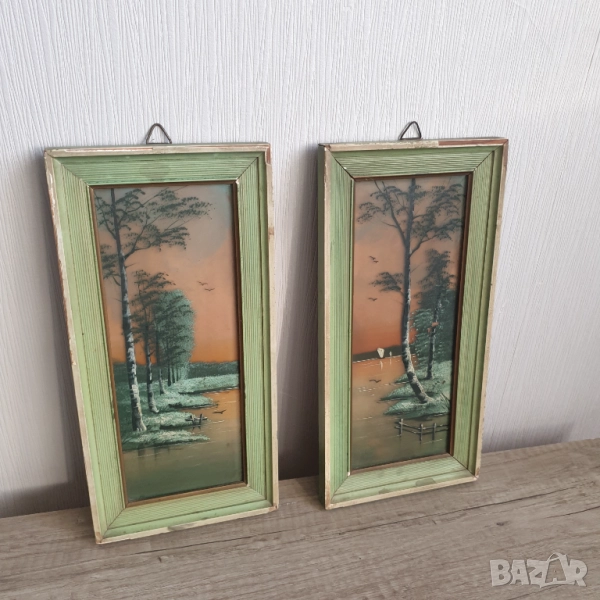 Стари малки картини „Езерен пейзаж“, рисувани върху стъкло, снимка 1