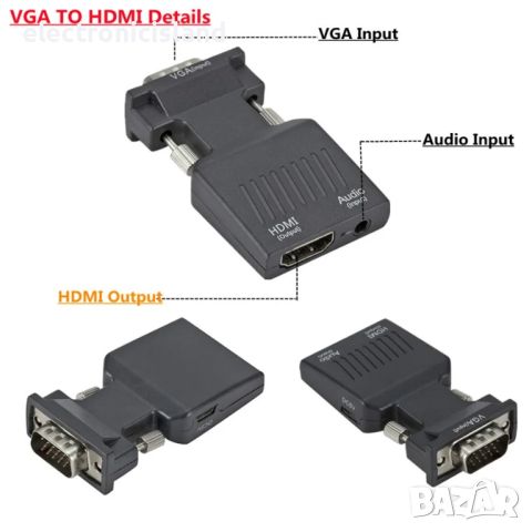 VGA към HDMI конвертор адаптер 1080P VGA адаптер за PC лаптоп към HDTV проектор Видео аудио, снимка 3 - Кабели и адаптери - 46401324
