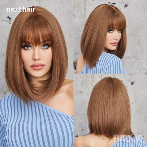 Кафява права синтетична перука с бретон - 35 см, естествен вид и лека структура, снимка 7 - Аксесоари за коса - 52971215