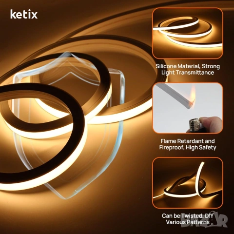 Неонова LED лента-2м-5м,3000К,топло бяло, снимка 2 - Лед осветление - 53602633