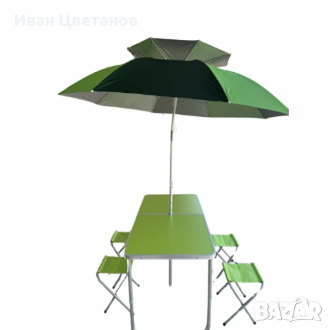  Сгъваема маса с 4 стола и чадър – лек, компактен и удобен за излети и почивка на открито