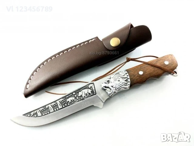 Богато двустранно гравиран ловен нож с лъв 130х255 , снимка 3 - Ножове - 53931559