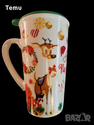 Коледна порцеланова чаша с гумен капак 15см височина. 🍵ВАРИАНТИ: картинка С еленче или с Дядо Коледа, снимка 5 - Чаши - 46434700