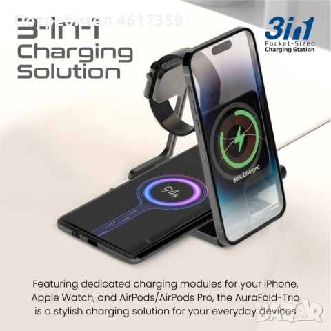 ProMate, AURAFOLD, TRIO, 15W Magsafe, 3in1 Зарядна станция, снимка 4 - Безжични зарядни - 52105012