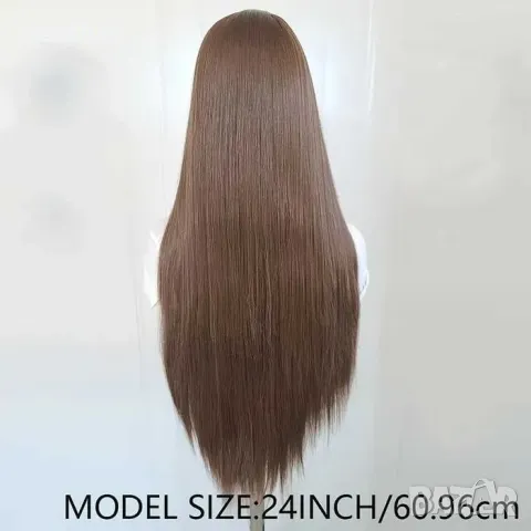 Кафява права лейс фронт перука Lace front 70 см, снимка 5 - Аксесоари за коса - 49416340