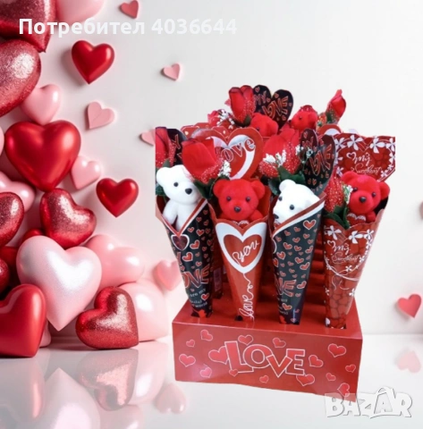 Романтичен букет с плюшено мече и роза, снимка 2 - Плюшени играчки - 53087586