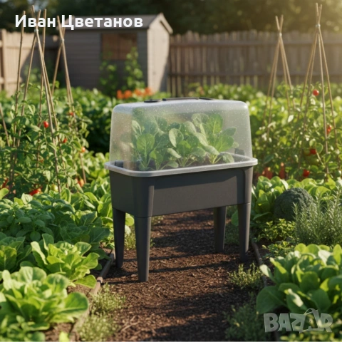 Сива оранжерийна маса с капак - здрава и практична